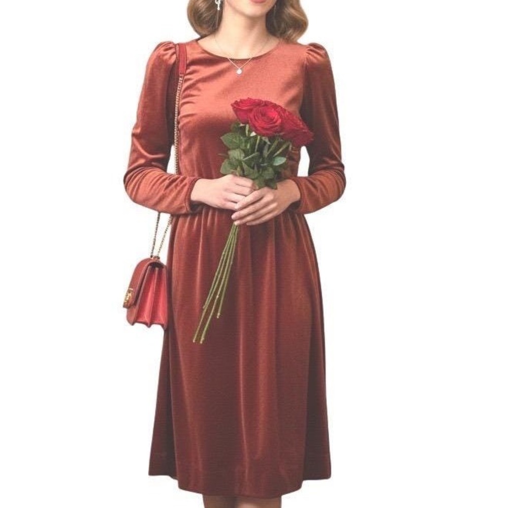 Vintage Red Velvet Velour Dress Size M Puff Sleeve